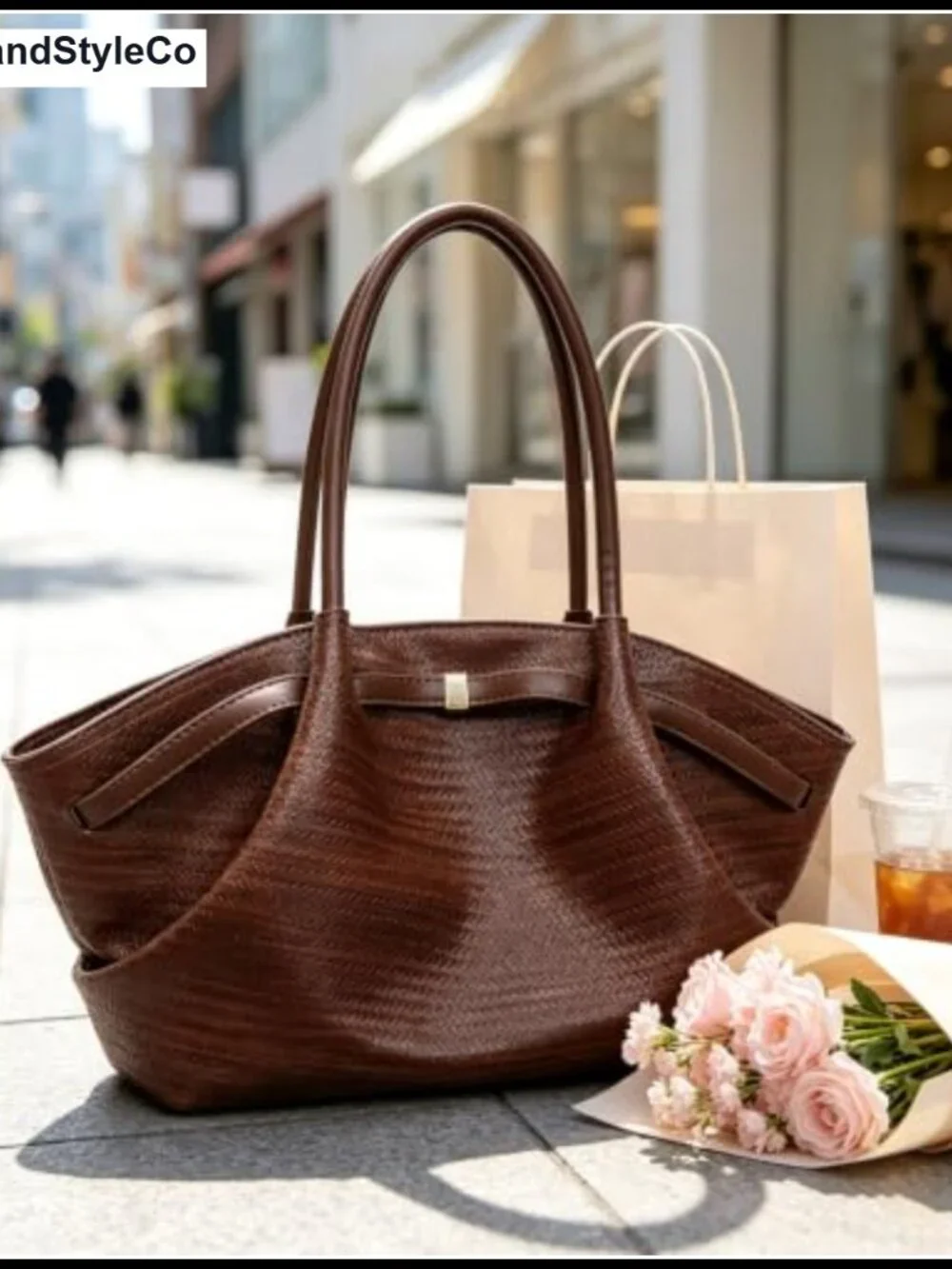 Woven Embossed PU Leather Tote Bag Women Faux Leather Shoulder Handbag Large
